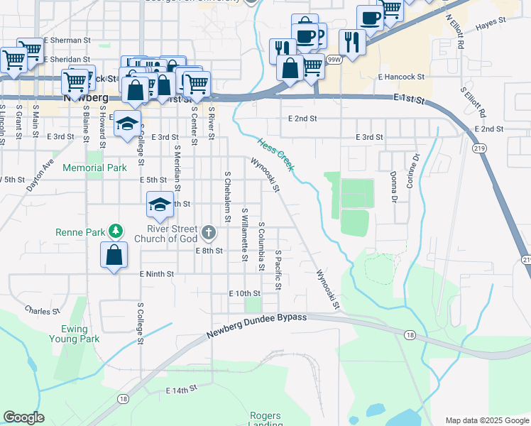 map of restaurants, bars, coffee shops, grocery stores, and more near 608 S Columbia St in Newberg