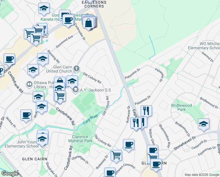 map of restaurants, bars, coffee shops, grocery stores, and more near 147 Country Lane West in Ottawa