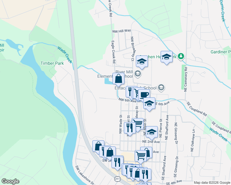 map of restaurants, bars, coffee shops, grocery stores, and more near Southeast Woods Road in Eagle Creek