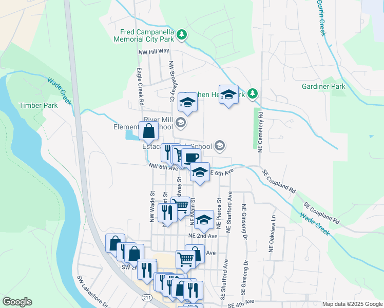 map of restaurants, bars, coffee shops, grocery stores, and more near 704 North Broadway Street in Estacada