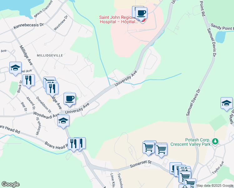 map of restaurants, bars, coffee shops, grocery stores, and more near 22 Alpha Place in Saint John