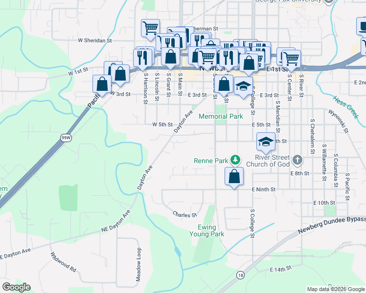 map of restaurants, bars, coffee shops, grocery stores, and more near 100 West Johanna Court in Newberg