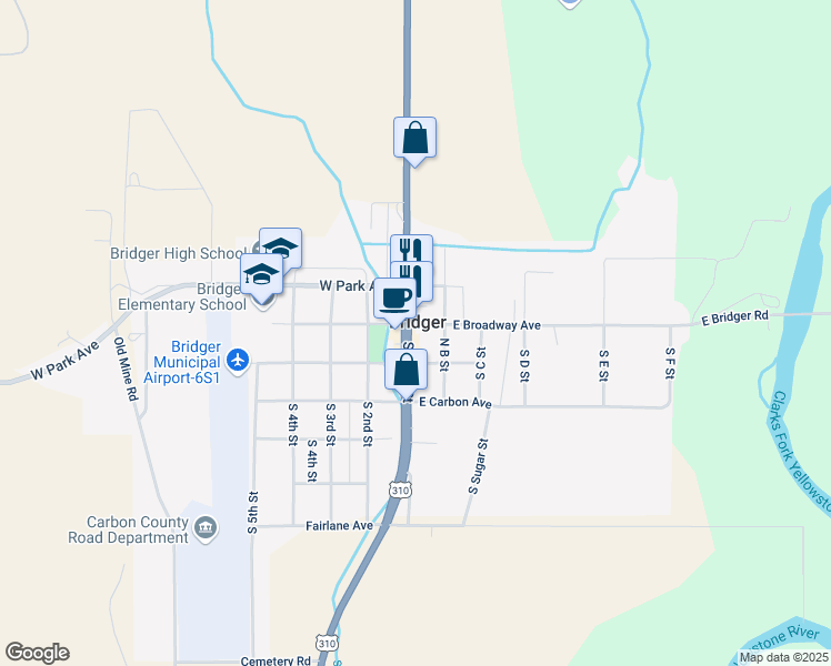 map of restaurants, bars, coffee shops, grocery stores, and more near 101 South Main Street in Bridger