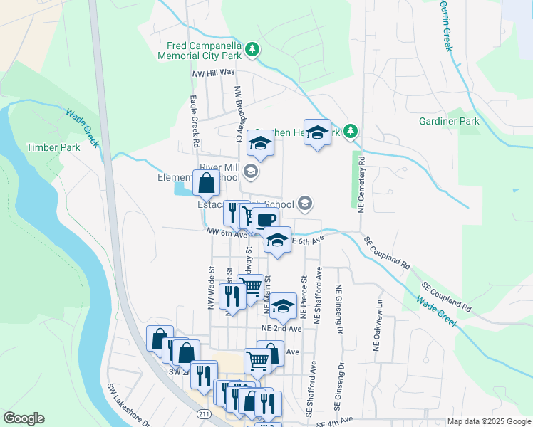 map of restaurants, bars, coffee shops, grocery stores, and more near 704 North Broadway Street in Estacada