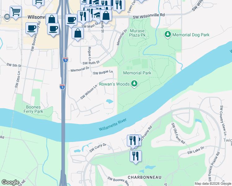 map of restaurants, bars, coffee shops, grocery stores, and more near 31054 Southwest Salmon Lane in Wilsonville