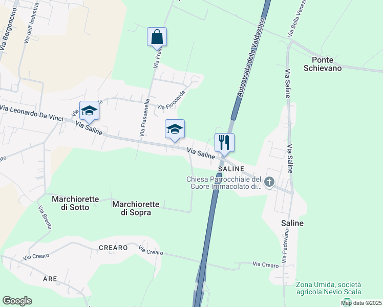 map of restaurants, bars, coffee shops, grocery stores, and more near 62 Via Marchiorette in Provincia di Vicenza