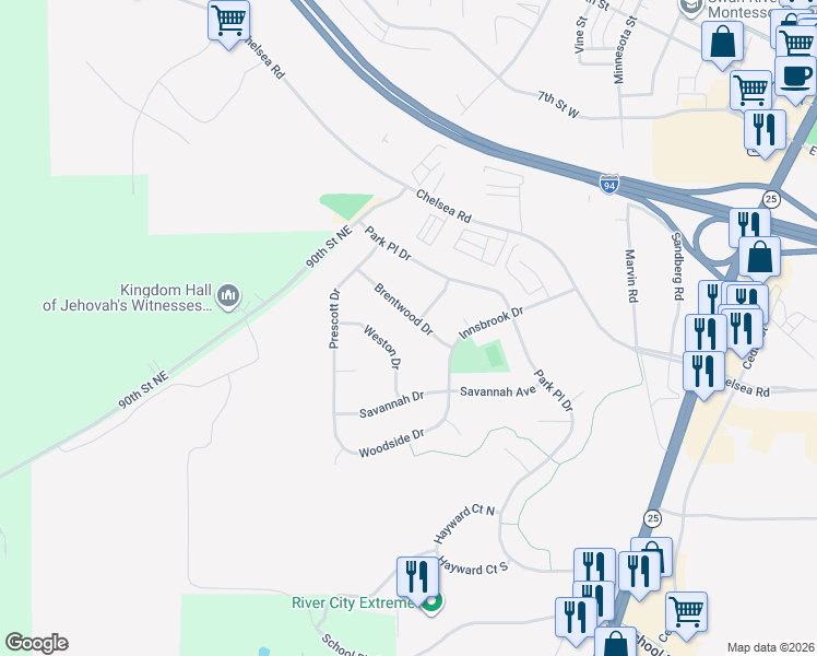 map of restaurants, bars, coffee shops, grocery stores, and more near 3690 Brentwood Drive in Monticello