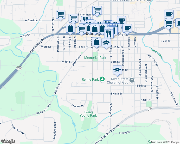 map of restaurants, bars, coffee shops, grocery stores, and more near 603 South Blaine Street in Newberg