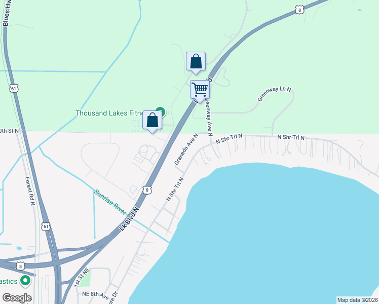 map of restaurants, bars, coffee shops, grocery stores, and more near 23899 Granada Avenue North in Forest Lake