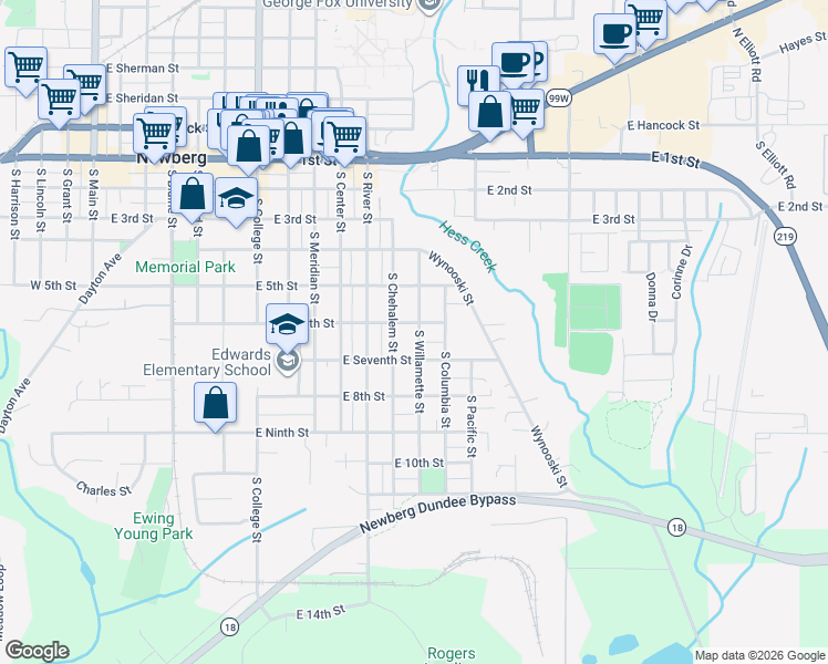 map of restaurants, bars, coffee shops, grocery stores, and more near 1210 East 6th Street in Newberg