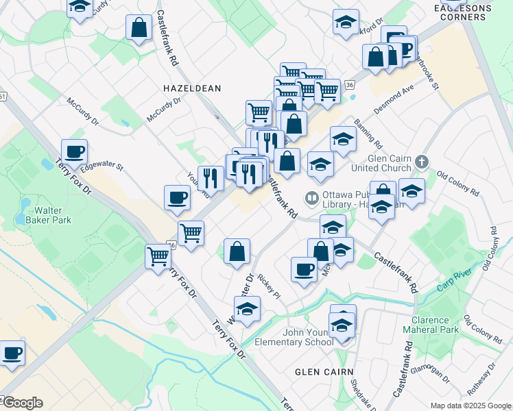 map of restaurants, bars, coffee shops, grocery stores, and more near 25 Scharf Lane in Ottawa