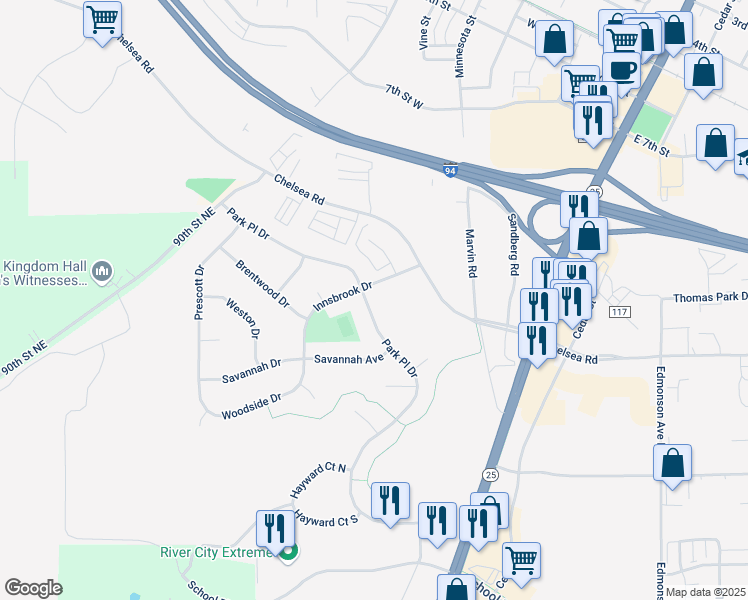 map of restaurants, bars, coffee shops, grocery stores, and more near 9996 Park Place Drive in Monticello