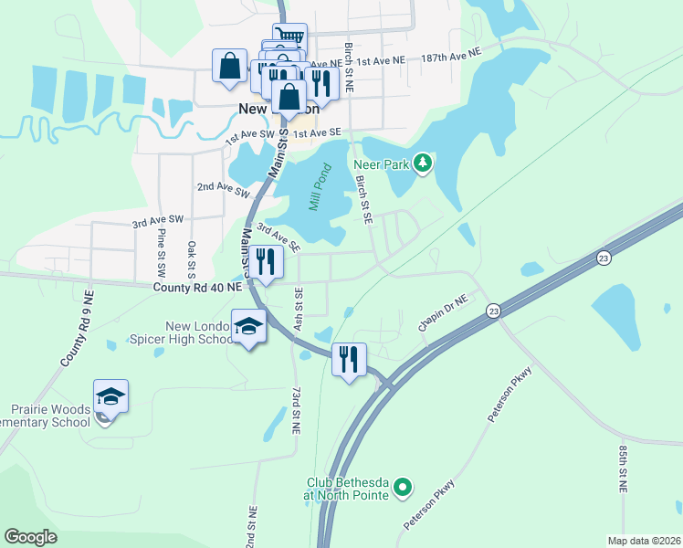 map of restaurants, bars, coffee shops, grocery stores, and more near 205 4th Avenue Southeast in New London