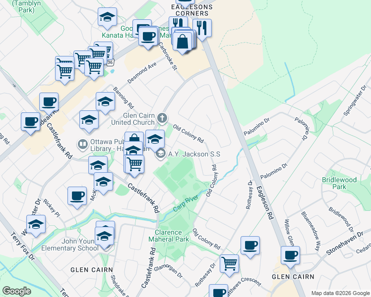 map of restaurants, bars, coffee shops, grocery stores, and more near 123 Post Road in Ottawa