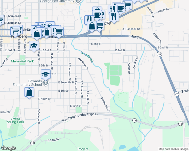 map of restaurants, bars, coffee shops, grocery stores, and more near 1615 Lilly Court in Newberg
