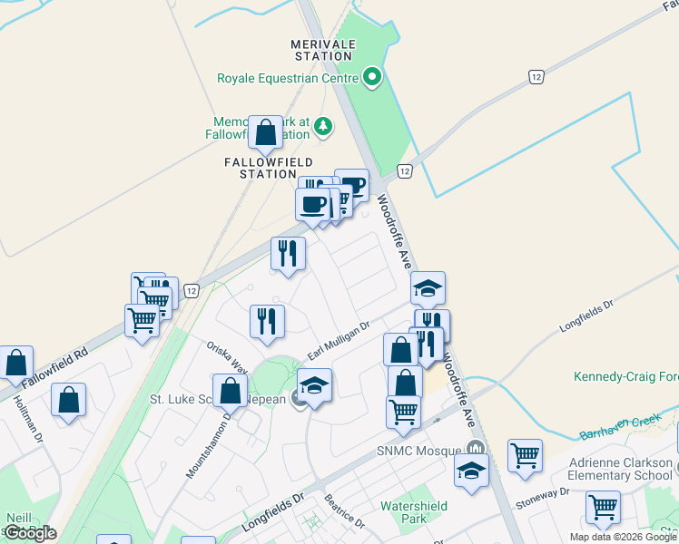 map of restaurants, bars, coffee shops, grocery stores, and more near Woodgate Way in Ottawa