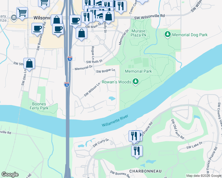 map of restaurants, bars, coffee shops, grocery stores, and more near 31056 Southwest Sandy Court in Wilsonville