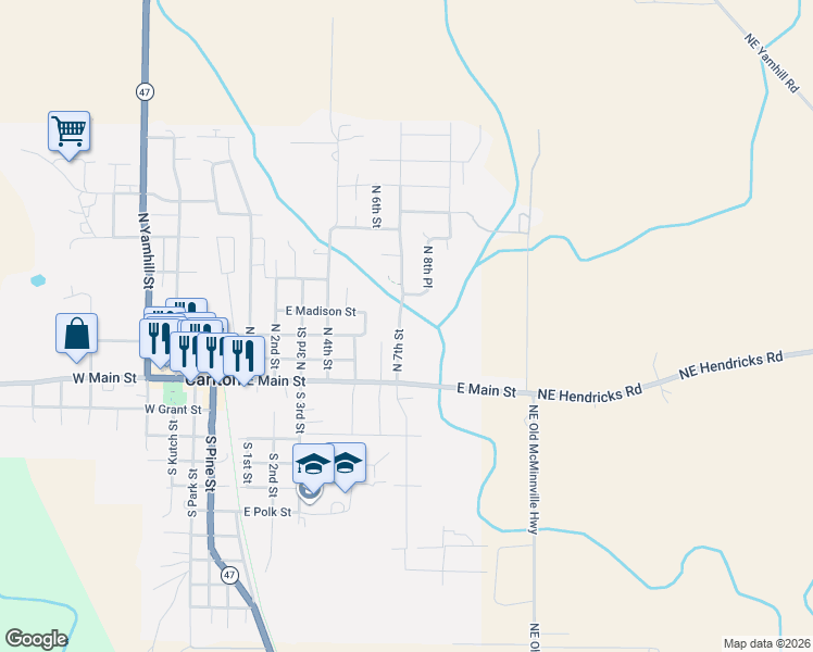 map of restaurants, bars, coffee shops, grocery stores, and more near 314 North 7th Street in Carlton