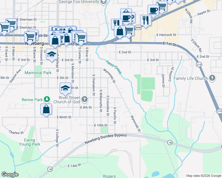map of restaurants, bars, coffee shops, grocery stores, and more near 608 South Columbia Street in Newberg
