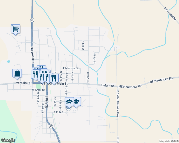 map of restaurants, bars, coffee shops, grocery stores, and more near 314 North 7th Street in Carlton