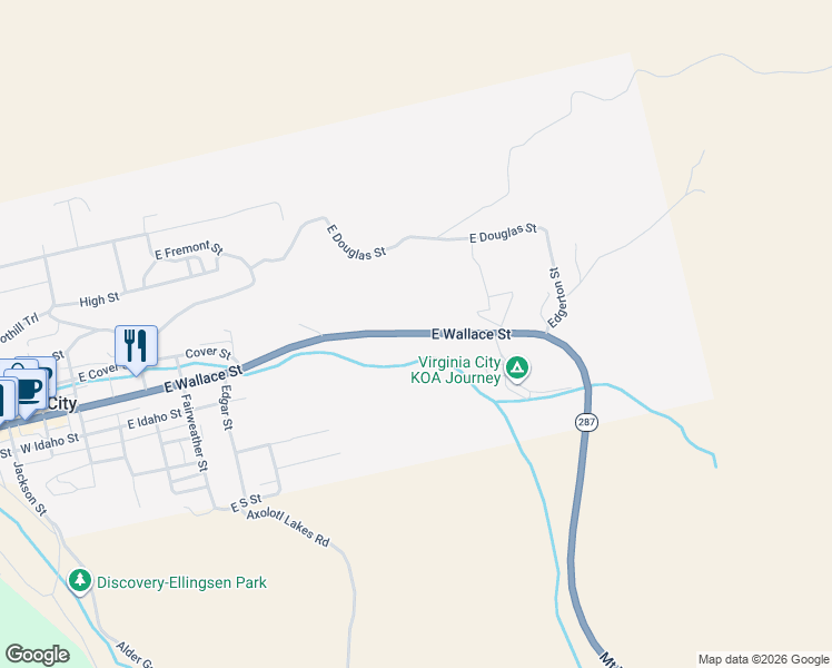 map of restaurants, bars, coffee shops, grocery stores, and more near East Wallace in Virginia City