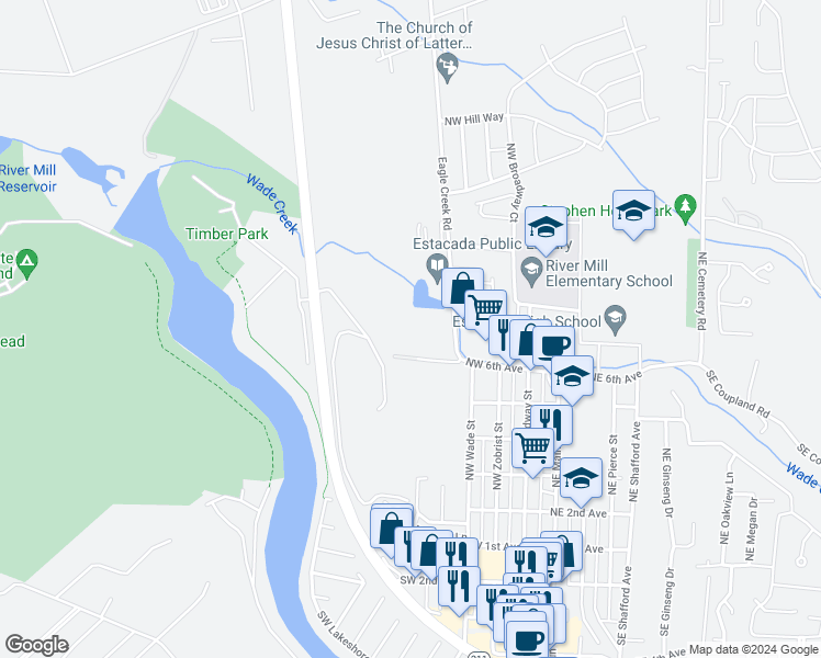map of restaurants, bars, coffee shops, grocery stores, and more near 525 Northwest 6th Avenue in Estacada
