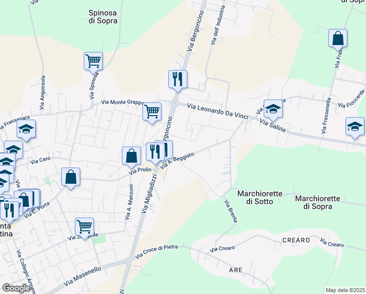 map of restaurants, bars, coffee shops, grocery stores, and more near 23 Via A. Beggiato in Noventa Vicentina