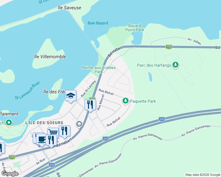 map of restaurants, bars, coffee shops, grocery stores, and more near 50 Rue des Plaines in Salaberry-de-Valleyfield