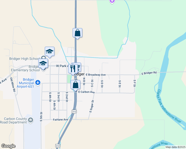 map of restaurants, bars, coffee shops, grocery stores, and more near 307 East Broadway Avenue in Bridger