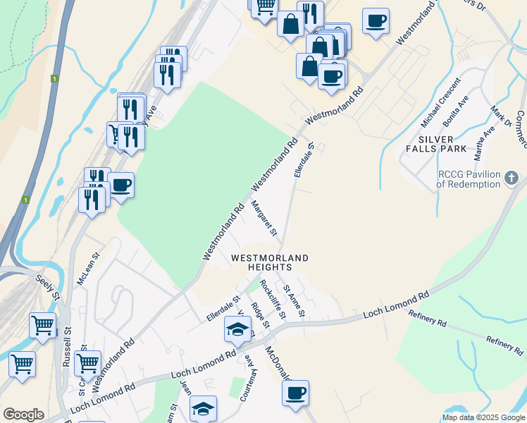 map of restaurants, bars, coffee shops, grocery stores, and more near 25 Margaret Street in Saint John