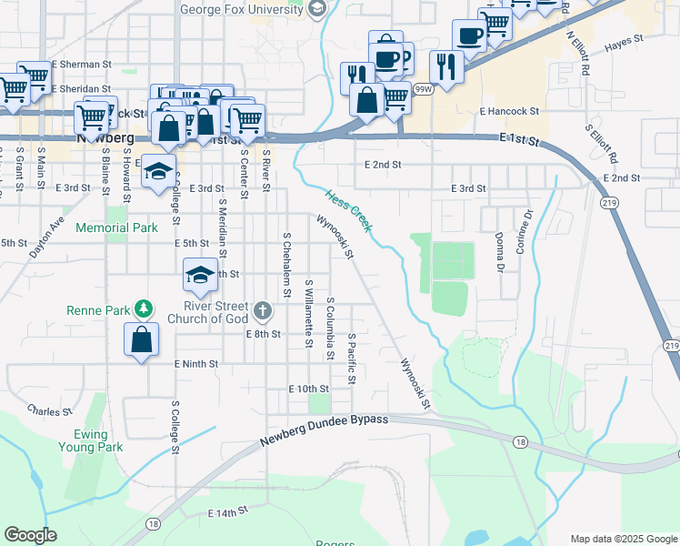 map of restaurants, bars, coffee shops, grocery stores, and more near 608 South Columbia Street in Newberg