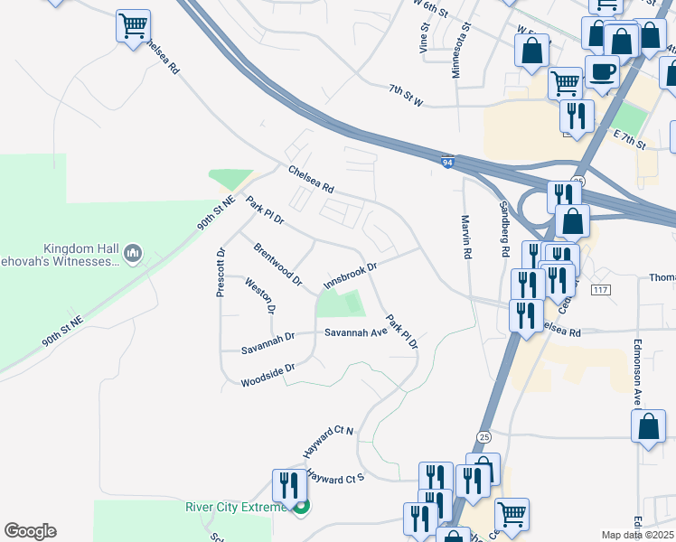 map of restaurants, bars, coffee shops, grocery stores, and more near 10000 Innsbrook Drive in Monticello