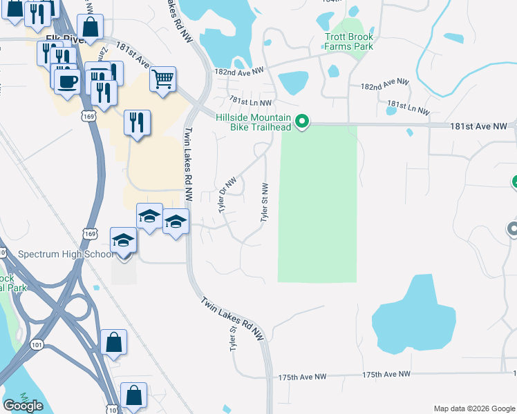 map of restaurants, bars, coffee shops, grocery stores, and more near 17860 Tyler Street Northwest in Elk River