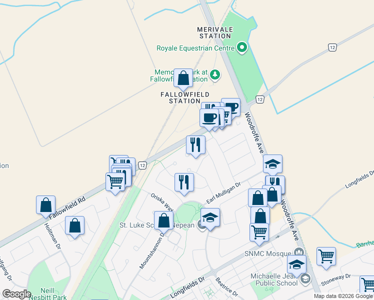 map of restaurants, bars, coffee shops, grocery stores, and more near 147 Woodgate Way in Ottawa
