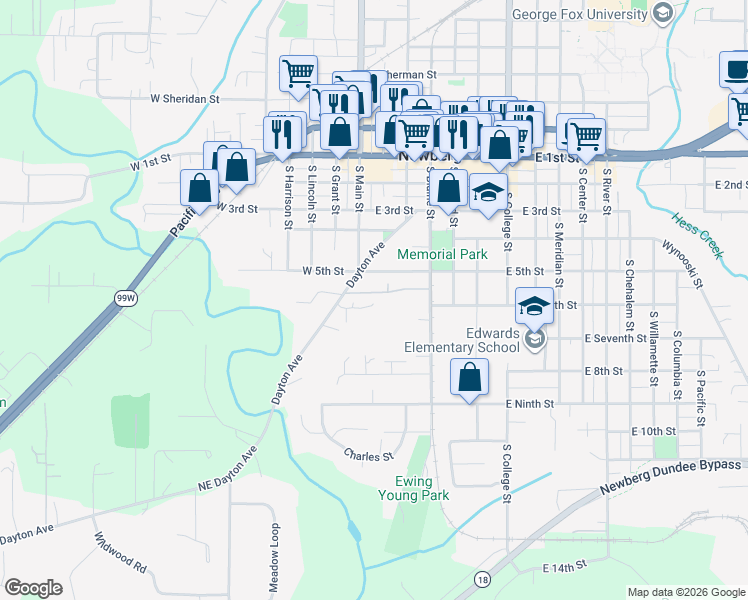 map of restaurants, bars, coffee shops, grocery stores, and more near 101 West Johanna Court in Newberg