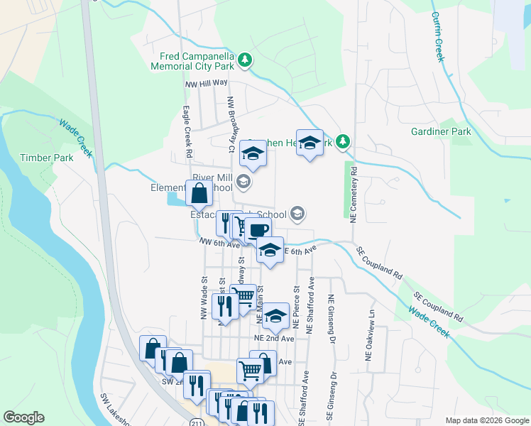 map of restaurants, bars, coffee shops, grocery stores, and more near 710 North Broadway Street in Estacada