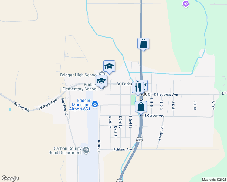 map of restaurants, bars, coffee shops, grocery stores, and more near 111 South 4th Street in Bridger