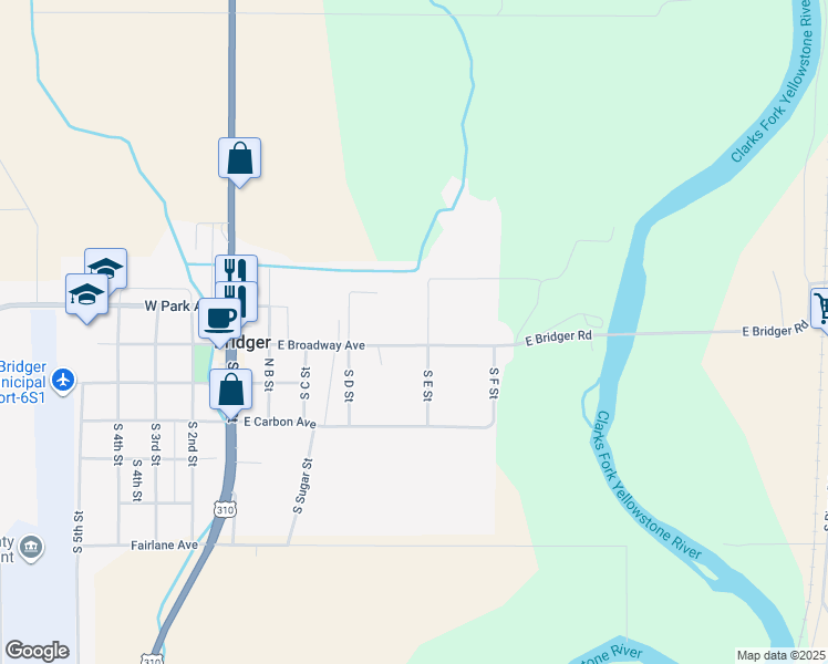 map of restaurants, bars, coffee shops, grocery stores, and more near 106 North E Street in Bridger