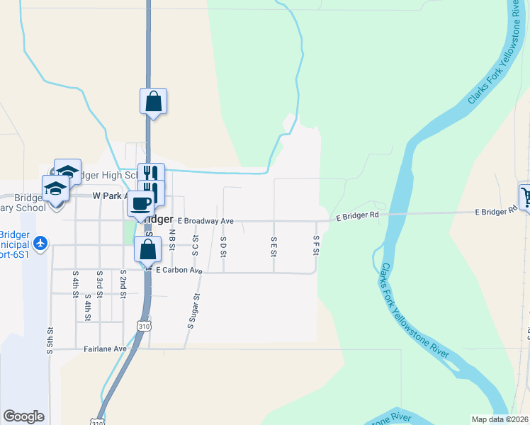 map of restaurants, bars, coffee shops, grocery stores, and more near 106 North E Street in Bridger