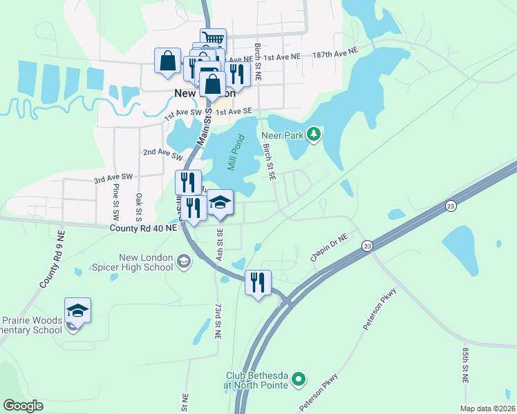 map of restaurants, bars, coffee shops, grocery stores, and more near 205 4th Avenue Southeast in New London