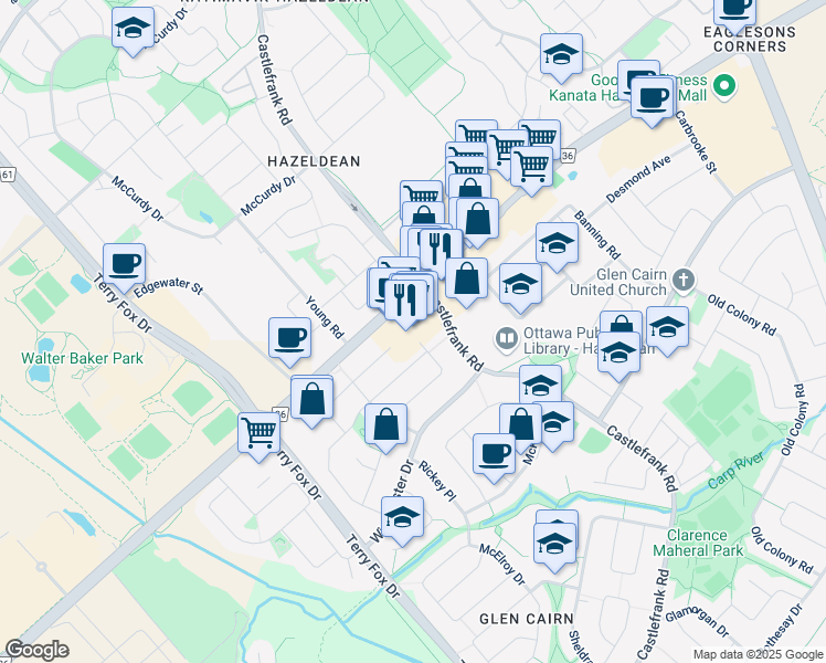 map of restaurants, bars, coffee shops, grocery stores, and more near 25 Scharf Lane in Ottawa
