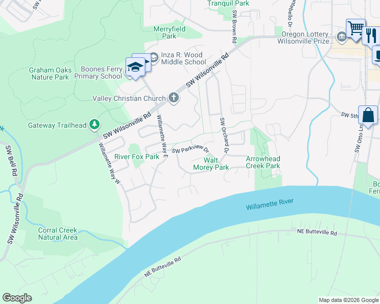 map of restaurants, bars, coffee shops, grocery stores, and more near 11008 Southwest Prestwick Court in Wilsonville