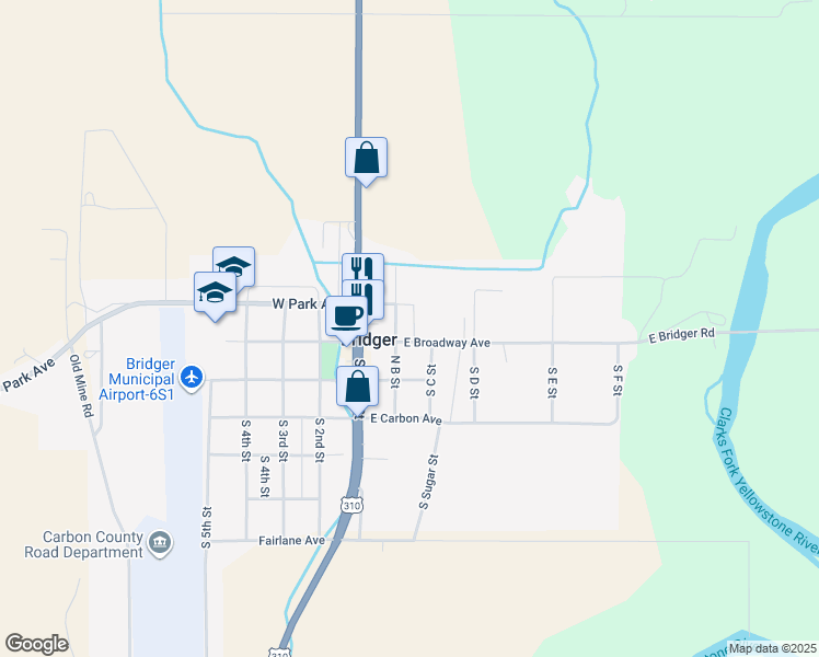 map of restaurants, bars, coffee shops, grocery stores, and more near 209 East Broadway Avenue in Bridger