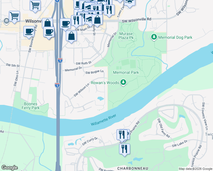 map of restaurants, bars, coffee shops, grocery stores, and more near 31054 Southwest Salmon Lane in Wilsonville
