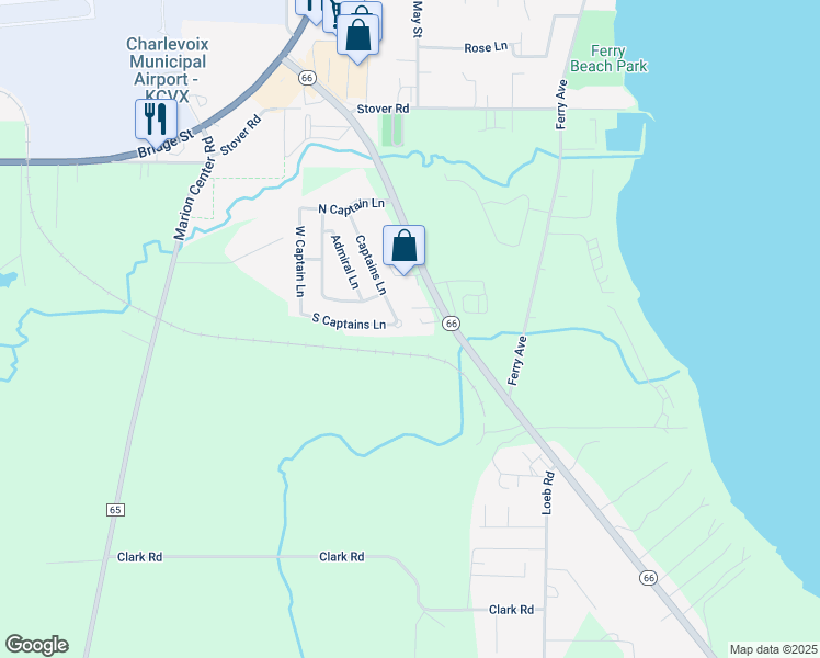 map of restaurants, bars, coffee shops, grocery stores, and more near South Captains Lane in Charlevoix