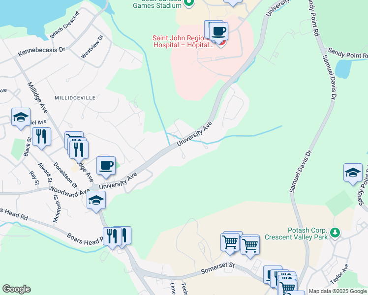 map of restaurants, bars, coffee shops, grocery stores, and more near 9 Polaris Court in Saint John