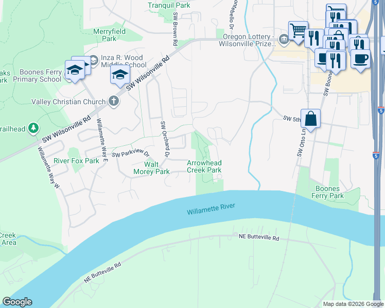 map of restaurants, bars, coffee shops, grocery stores, and more near 10615 Southwest Edgewood Court in Wilsonville