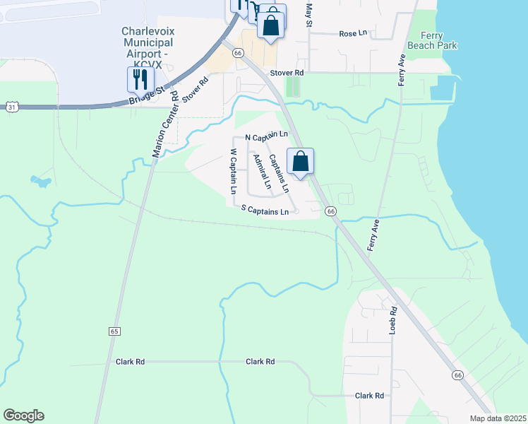 map of restaurants, bars, coffee shops, grocery stores, and more near South Captains Lane in Charlevoix County