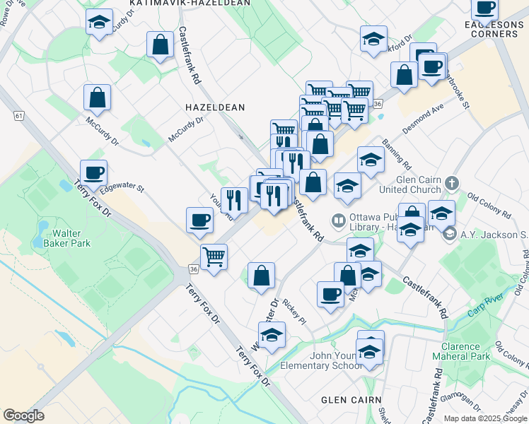 map of restaurants, bars, coffee shops, grocery stores, and more near 73 McLennan Way in Ottawa