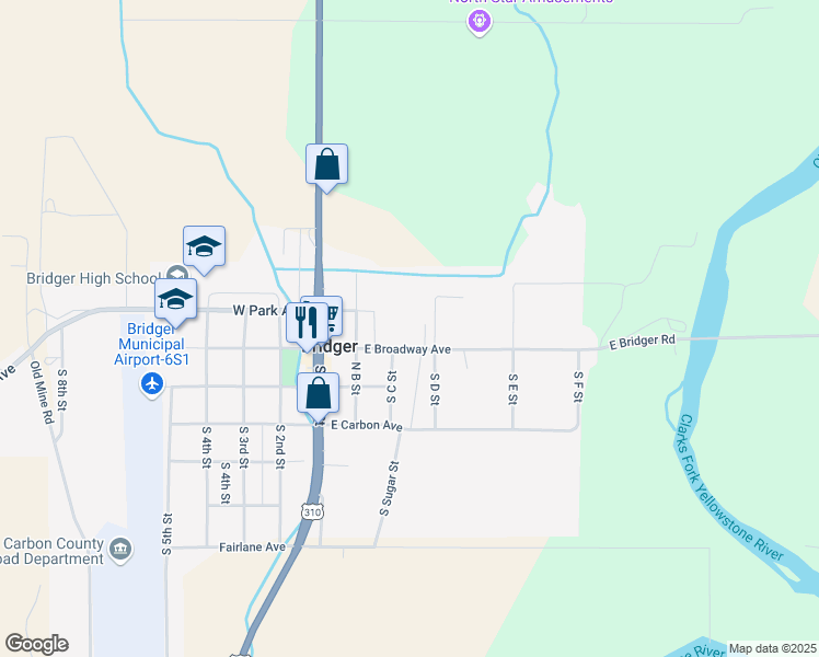 map of restaurants, bars, coffee shops, grocery stores, and more near 307 East Broadway Avenue in Bridger